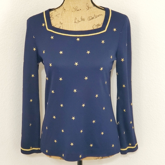 Aileen Navy blue with gold stitched stars long sleeve top square neckline S - Picture 1 of 6